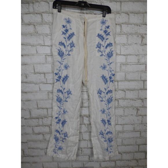 $250 Johnny Was White Linen Embroidered Drawstring Straight Leg Pants Small NEW